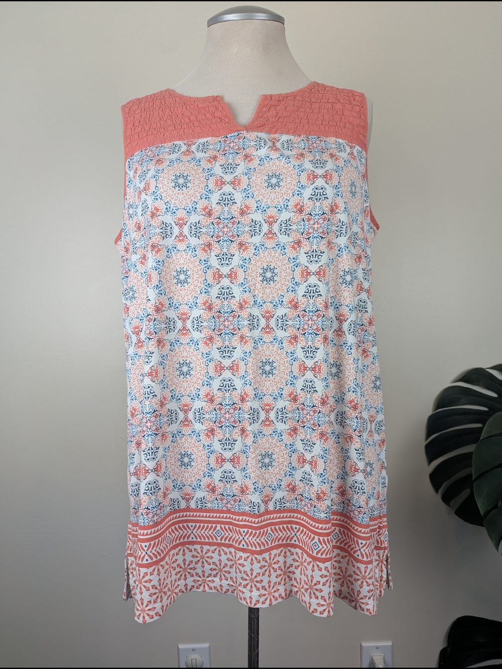 Dalia Coral & Blue Tile-Print Sleeveless Tunic Top With Quilted Neckline